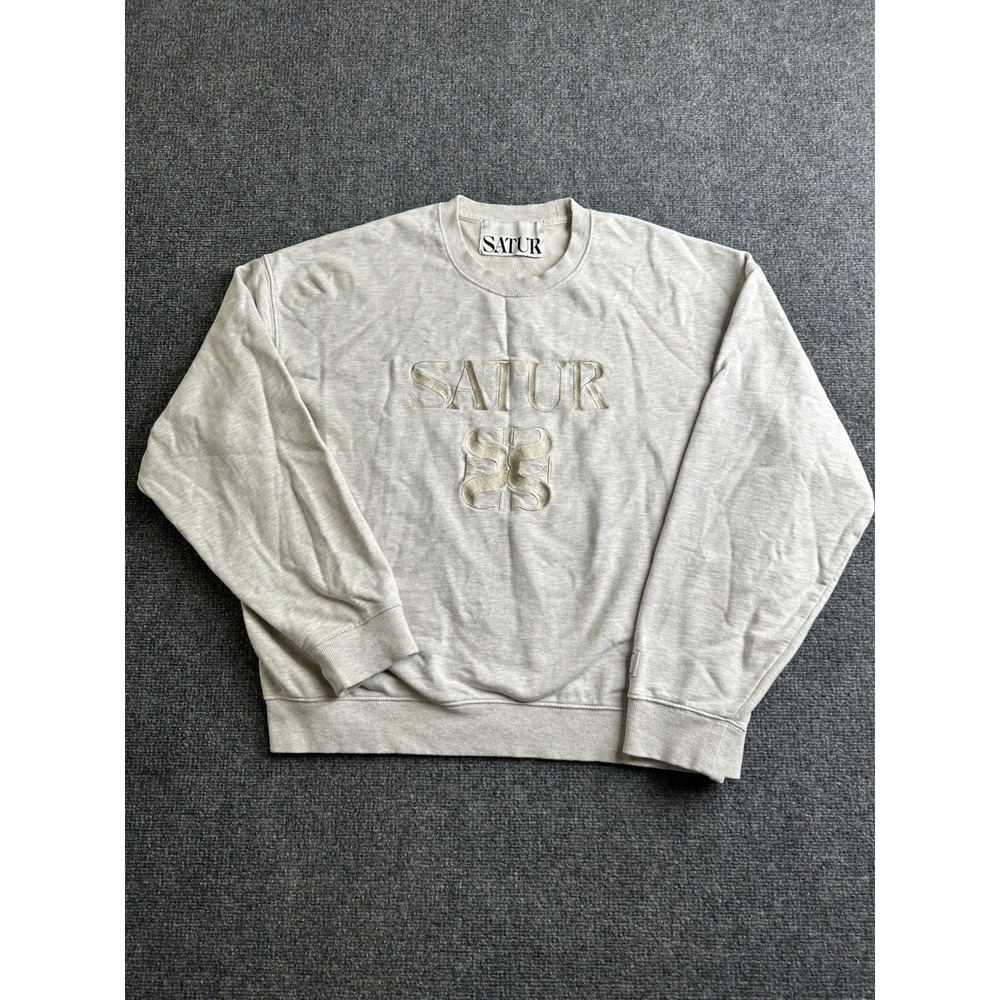 Men's SATUR Natural Sense Cream Embroidered Logo Crewneck Sweatshirt, Size XL